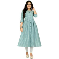VINCHIC Women's Anarkali Pure Cotton Green Color Stripes Kurti|Kurti for Women|Bollywood KurtiKurta