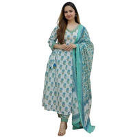 Pinkmint Motifs Printed Side Tassel Kurta Patten & Afghani Pant with Stylish Dupattta Set for Women Aqua Blue