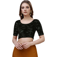 Pujia Mills Women's Readymade Hosiery Velvet Lycra Stretchable Round Neck Half Sleeve Blouse Fancy Black Color Lycra Stretchable Blouse for Women Readymade Saree Blouse