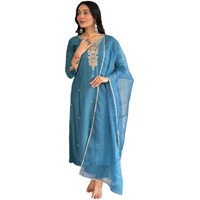 Women's Rama Viscose Rayon Embroidered Straight Kurta with Viscose Rayon Pant and Organza Laced Dupatta Sets (NX-577-Rama-XXL)