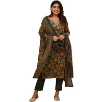 Nermosa Women Printed Straight Kurta and Pant with Dupatta (in, Alpha, XL, Green)