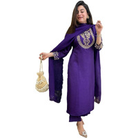 GoSriKi Women's Rayon Blend Staright Embroidered Kurta with Pant & Dupatta (Hansika BEGANI-GS_S_Begani_Small)