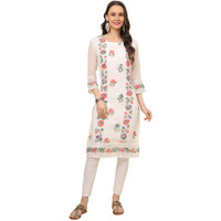 Ekasya Women's Georgette Straight Cut Round Neck Kurta with Beautiful Embroidery Work (E1628) White