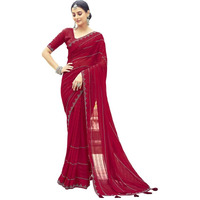 Satrani Women's Georgette Stone Work Border & Piping Border & Tassels Saree with Unstitched Blouse Piece (3432S301N_Red1)