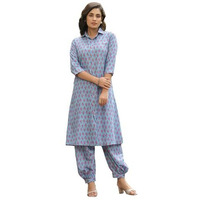 Leriya Fashion RAYON PRINTED A-LINE FRONT OPEN CO-ORD KURTA SET FOR WOMEN (LF-W2127&TR1094-S-BLUE)