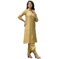 Leriya Fashion RAYON PRINTED A-LINE FRONT OPEN CO-ORD KURTA SET FOR WOMEN (LF-W2126&TR1093-S-YELLOW)