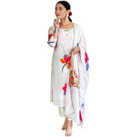 Naixa Women's White French Crep with Lining Embroidered and Printed Straight Kurta with Rayon Pant and French Crepe Printed Dupatta Sets (NX-583-White-M)