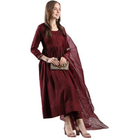 GoSriKi Women's Rayon Blend Anarkali Solid Kurta with Pant & Dupatta (JAYNTI WINE-VKS04-GS_S_Wine_Small)