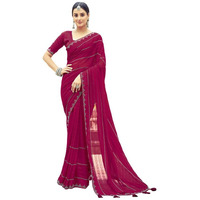 Satrani Women's Georgette Stone Work Border & Piping Border & Tassels Saree with Unstitched Blouse Piece (3432S305N_Pink)