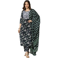 rytras Women's Cotton Embroidered Straight Kurta with Palazzo Pant and Dupatta(RYT565,Black,3XL)