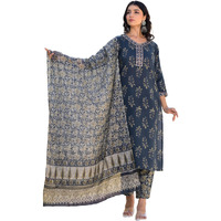 KLOSIA Women's Viscose Printed Kurta Pant with Dupatta | Ethnic Set | Printed | Suit | Styles | (Xx-Large), XX Large, Dark Blue