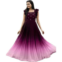 LAZZLY Women's Georgette Ankle Length Dual Shaded Flared Embroidered Gown Purple