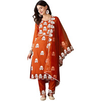 SheWill Women's Orange Chiffon Silk Kurta Set with White Thread Chain Stitch Embroidery| Straight Cut Kurta with Pant and Organza Dupatta | Diwali, Festive Ethnic Set for Women