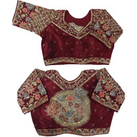 Pujia Mills Women's Readymade Ethnic Wear Golden Codding with Multi Embroidery Sequence Work Sweetheart Neck Half Sleeve Readymade Bridal Maroon Saree Blouse Readymade Net Cutwork Blouse for Lehenga