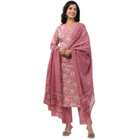 Janasya Women's Pink Cotton Floral Print Straight Kurta Set(JAA24ST00194-XS)