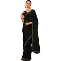 Villagius Bollywood Silk Blend Saree with Swarovski Crystals - Luxury Self-Design, Ethereal Look for Red Carpet Events & Lavish Weddings (BLACK)