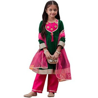 Pspeaches Girl's Silk Blend Kurta Set (KS-GREENVELVET-8_Green