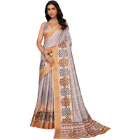 Janasya Women's Beige Chanderi Silk Ethnic Print Printed Chanderi Saree with Blouse Piece (SAR506-J)