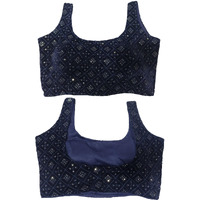 Pujia Mills Indian Ethnic wear Readymade Designer Blouse Velvet Sleevless Blouse Matching Embroidery with Sequence Work deep Neck Bollywood Style Navy Blue Color Readymade Blouse