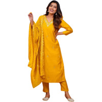 Anveri Textiles Women's Yellow Chanderi Silk 3/4 Sleeve V Neck Floral Embroidered Casual Regular Straight Kurti and Pant With Dupatta | Salwar Suit Sets for Women (205_Sanayellow_XL)