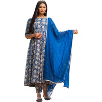 GoSriKi Women's Rayon Blend Bagru Printed Anarkali Kurta with Pant & Dupatta (SUKHKARNI-Blue-GS_M_Blue_Medium)