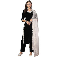 Stylum Women's Solid & Embroidered Velvet Straight Kurta Pant Dupatta Set (KPDBLACKSAYRA42_Black, XL)