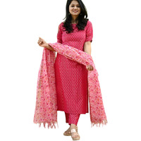 BHARVITA Women's Kurti Printed Pant & Dupatta Cotton Pink (2XL, Pink)