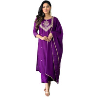 Naixa Women's Wine Slub Rayon Embroidered Worked Straight Kurta with Pant and Dupatta Set