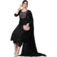ANNI DESIGNER Women's Cotton Blend Embroidered Straight Kurta with Pant & Dupatta (KASTURI Black-APL_XXL_Black_XX-Large)