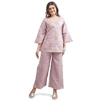 Womanista Women's Mauve Colour Linen Contrast Thread Embroidery top with Palazo Set(Co-ords_9067_XXL)