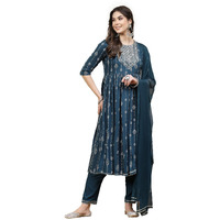 Stylum Women's Printed & Embroidered Rayon Naira Cut Kurta Pant Dupatta Set (KPDGERMANTEAL40_Teal, L)