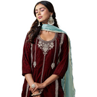 Youthnic Women's Brown Velvet Embroidery Straight Kurta Pant with Dupatta Set