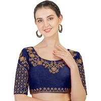 Vihu Fashion Women's Phantom Silk Multicolour Floral Design Hand Embroidery Gold Thread and Stone Work Readymade Blouse for Saree and Lehenga Choli (Dark Navy, Size 38+Margin) - Half Sleeve