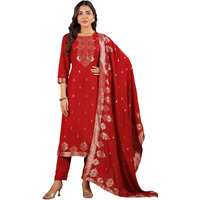 Janasya Women's Maroon Silk Blend Jacquard Paithani Style Straight Kurta Set (JAC24ST01705-XL)