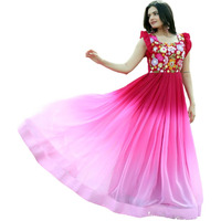 FOXDX Women's Georgette Digital Printed Gown & Maxi Traditional Ethnic Long Anarkali Long Kurti (Large, Pink)