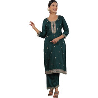 ishin Women's Teal Green Zari Work Ethnic Motifs Poly Silk Straight Kurta