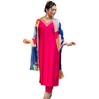 ANNI DESIGNER Women's Cotton Blend Straight Solid Kurta with Pant & Dupatta (Kisori Pink_S_Pink_Small)