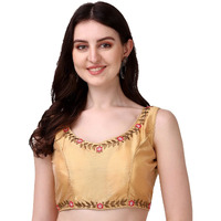 Pujia Mills Women's Silk Flower Embroidery Work Sleevless Readymade Saree Blouse (GK 51_Chiku_38)