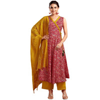 Sanisa Women's Cotton Blend Digital Foil Printed Anarkali Kurta with Pant and Dupatta Set (67KBD767N-S_Red & Mustard & and Multi)