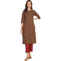 Janasya Women's Brown Cotton Printed Straight Kurta(JNE4363-KR-XL)