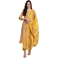 Merira Women's Pure Cotton Jaipuri Printed Kurta Set with Dupatta (MRAST202-L_Yellow & Orange_L)