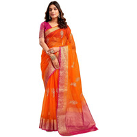 Satrani Women's Organza Sequins Embroidery Jacquard Saree with Unstitched Blouse Piece (4031S658N_Orange)