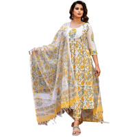 Nermosa Women's Viscose Block Printed Anarkali Kurta and Pant with Dupatta Ethnic Set (Yellow); Size: Small - Y1002_NM