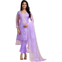 BHARVITA Women's Organza with Cotton Lining Embroidered and Printed Straight Kurta with Rayon Pant and Organza Laced Dupatta Sets (in, Alpha, S, Regular, Violet)