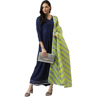 Stylum Women's Solid Rayon Angrakha Kurta Dupatta Set (Kdlehernavy38_Navy Blue, M)
