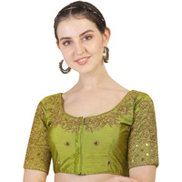 Vihu Fashion Women's Silk Floral Half Sleeve Blouse (gwaliya Blouse_Light Green_38)