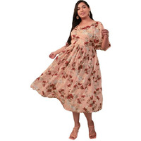 Janasya Women's Plus Size Peach Georgette Floral Fit & Flare Dress (PL1035-DR-N-4XL)