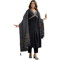 Sanisa Women's Cotton Blend Sequence Embroidery Gota Lace Alia Cut Kurta with Pant and Dupatta Set| Ethnic Set | Suit Set | Kurta Set(206KBD2186N-XL_Black)