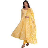 Pinkmint Women Cotton Blend Anarkali Floral Printed Kurta with Pant & Dupatta Yellow