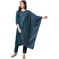 GoSriKi Women's Cotton Straight Kurta with Pant & Dupatta (CHHAVI-Cerosin_M-GO_Blue_Medium)